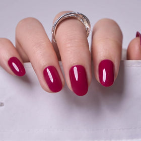 CurvLife Short Oval Press On Nails Merlot Muse with nail glue and accessories