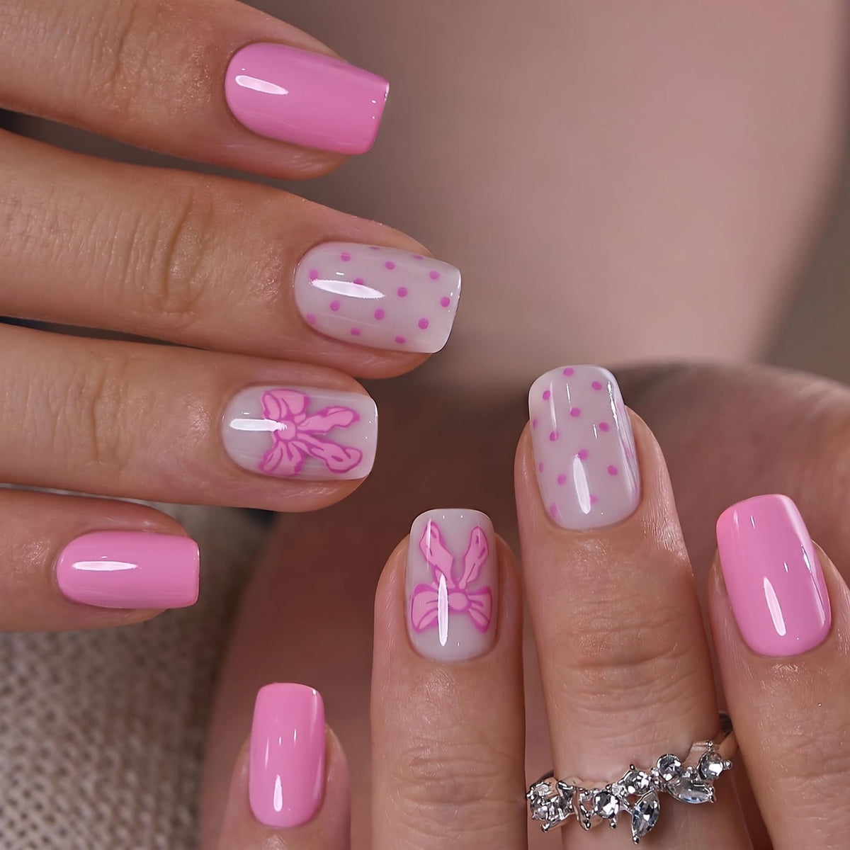 CurvLife Short Square Bow Design Press On Nails in various sizes