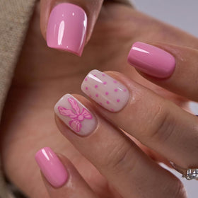 CurvLife Short Square Bow Design Press On Nails with nail glue