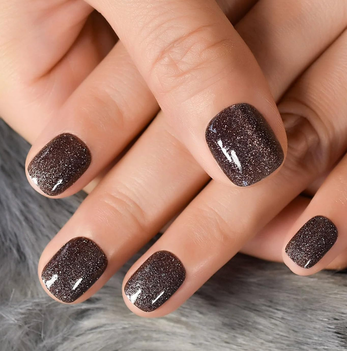 CurvLife Short Square Cat Eye Glitter Press On Nails in Starry Brown Black