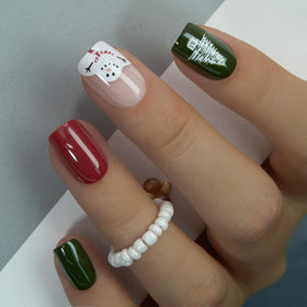 CurvLife Short Square Christmas Press On Nails front view with holiday tree design