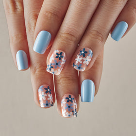 CurvLife Short Square Floral Press On Nails Azure Bloom Blue close-up detail