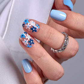 CurvLife Short Square Floral Press On Nails Azure Bloom Blue front view