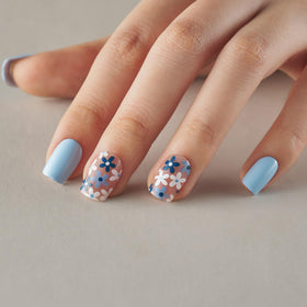CurvLife Short Square Floral Press On Nails Azure Bloom Blue with accessories