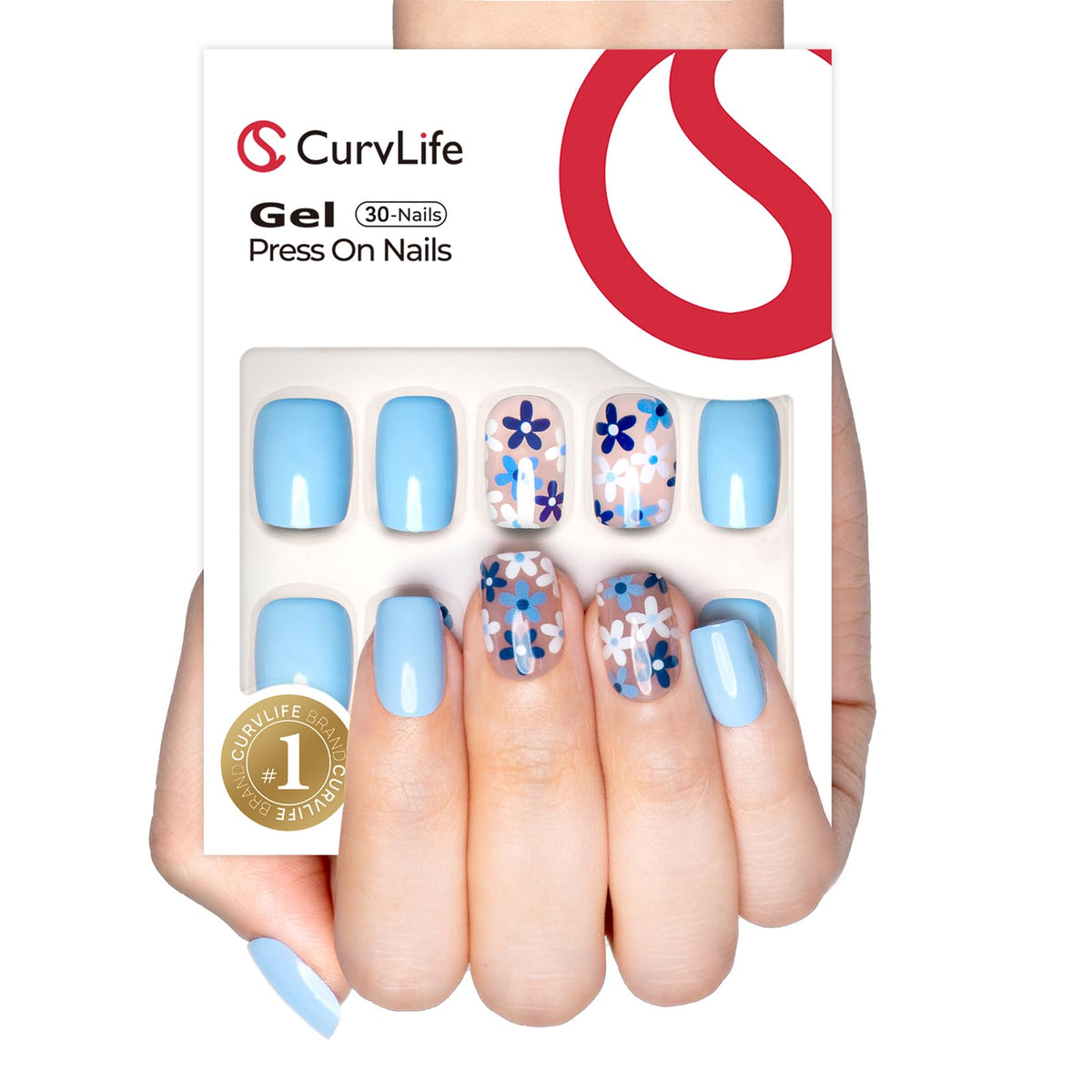 CurvLife Short Square Floral Press On Nails Bloom Blue front view