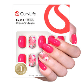 CurvLife Short Square Floral Press On Nails Bloom Hot Pink front view