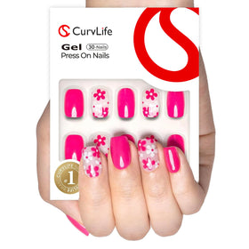 CurvLife Short Square Floral Press On Nails Bloom Hot Pink front view