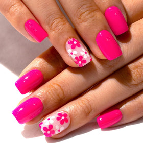 CurvLife Short Square Floral Press On Nails Bloom Hot Pink in storage box