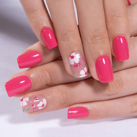 CurvLife Short Square Floral Press On Nails Bloom Hot Pink with accessories