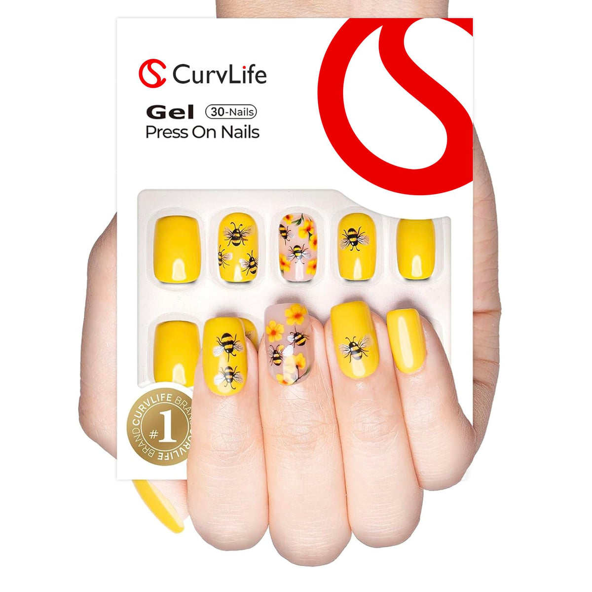 CurvLife Short Square Floral Press On Nails in Bee Garden Yellow front view