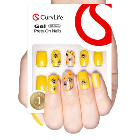 CurvLife Short Square Floral Press On Nails in Bee Garden Yellow front view