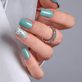CurvLife Short Square Floral Press On Nails in Bloom Green front view
