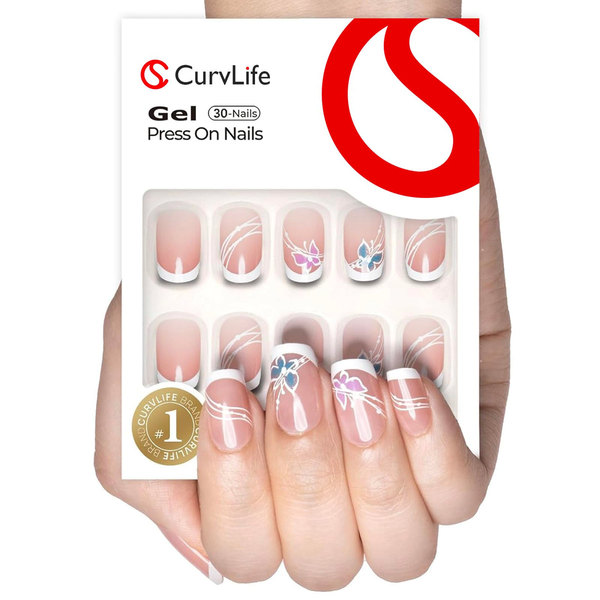 CurvLife Short Square Floral Press On Nails in Butterfly Nude Pink front view