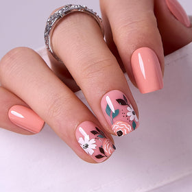 CurvLife Short Square Floral Press On Nails in Coral Bloom Orange front view