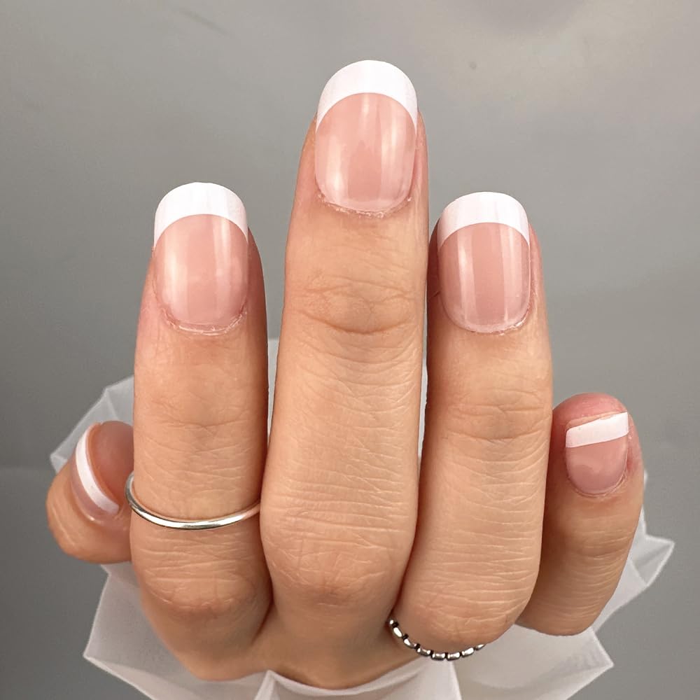 CurvLife Short Square French Tip Press On Nails applied on natural nails