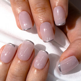 CurvLife Short Square French Tip Press On Nails displayed with nail glue and file
