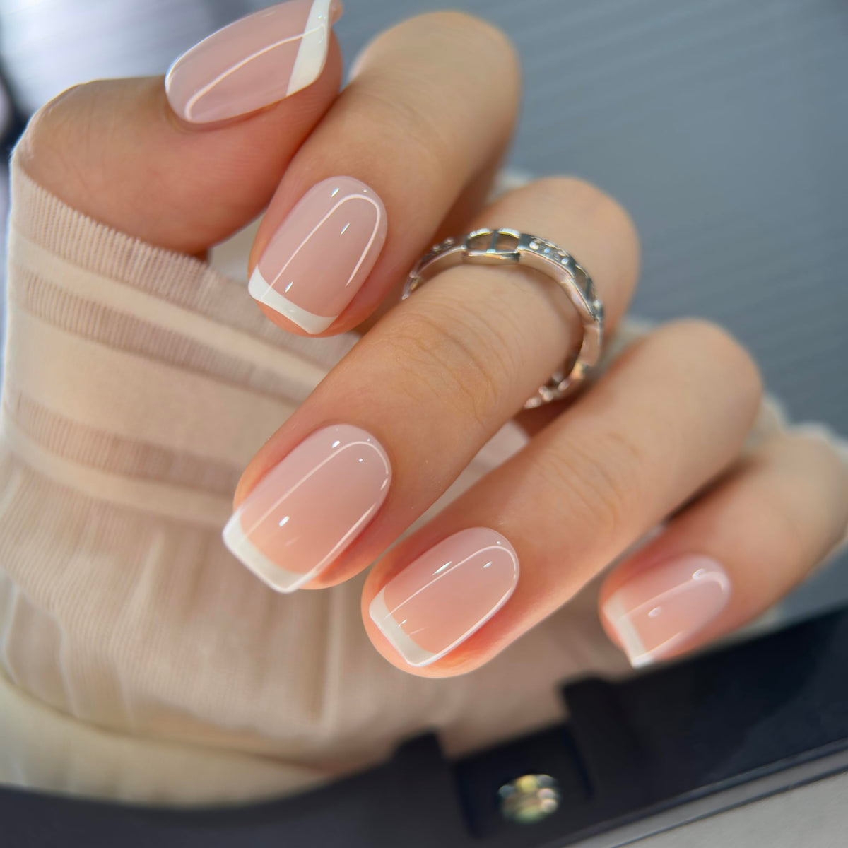 CurvLife Short Square French Tip Press On Nails front view
