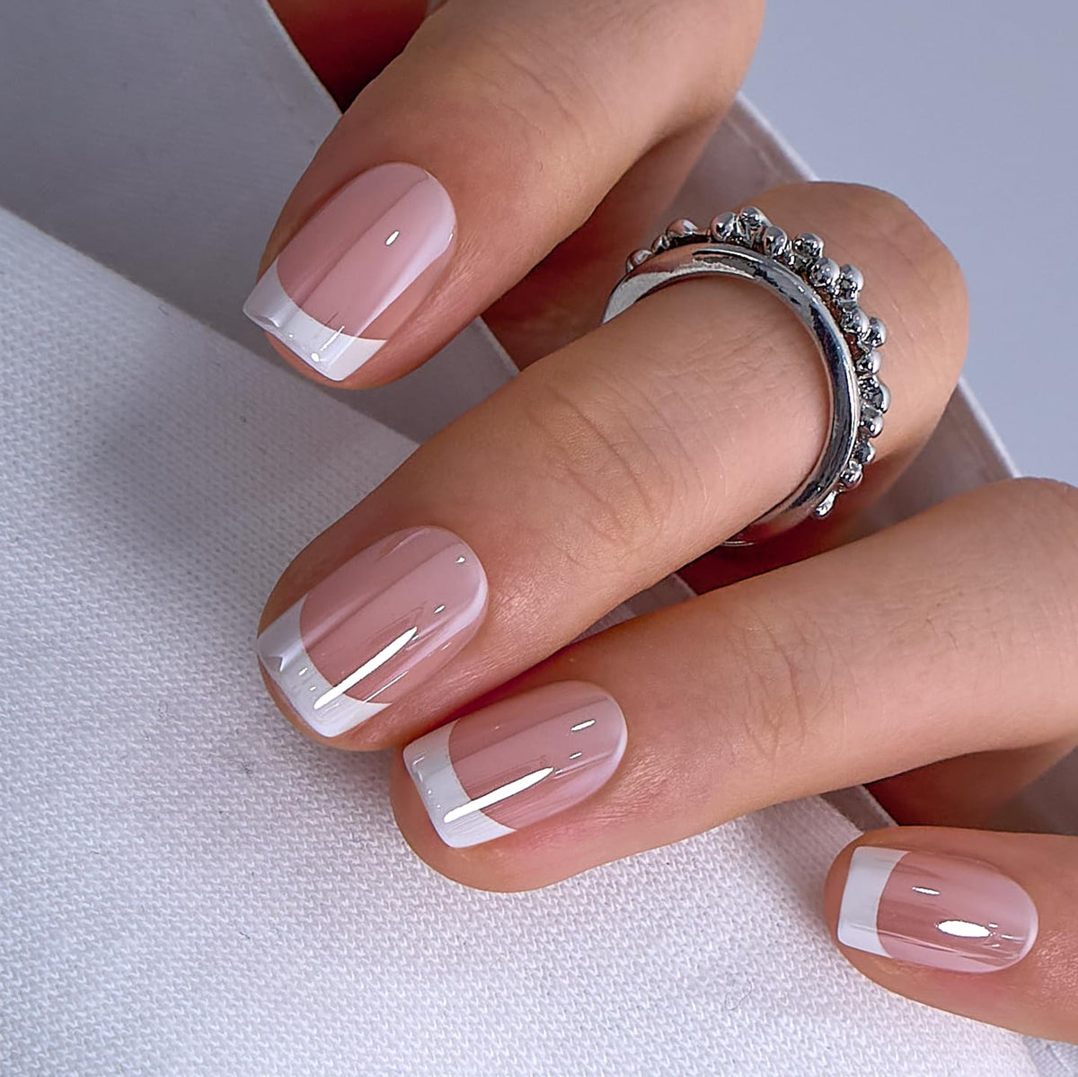 CurvLife Short Square French Tip Press On Nails front view