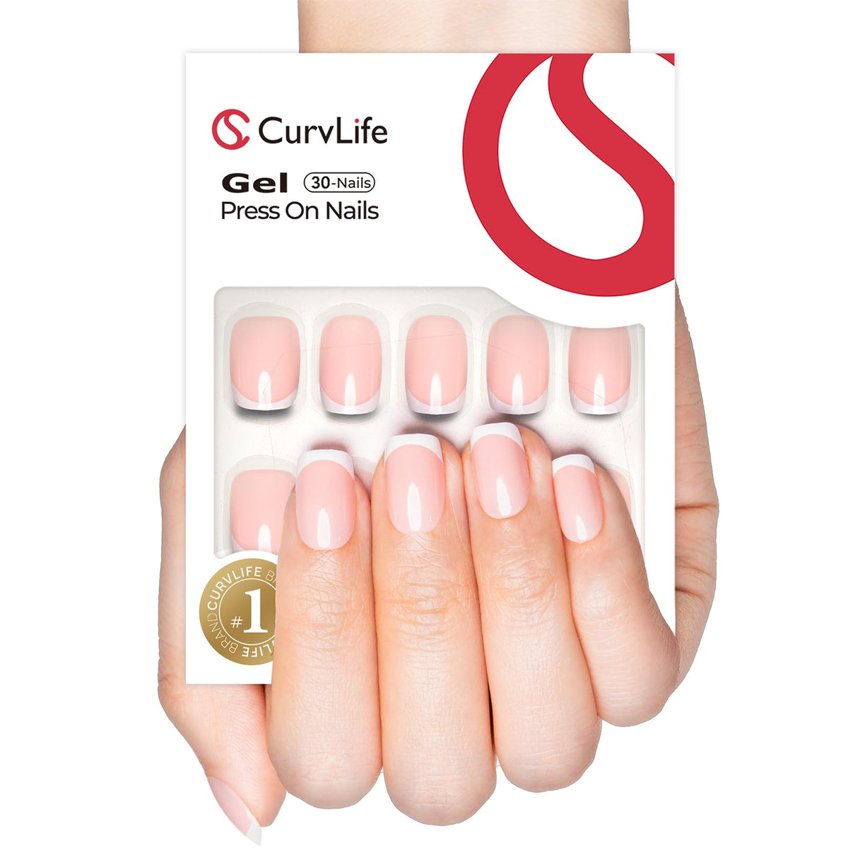 CurvLife Short Square French Tip Press On Nails front view, pink