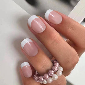 CurvLife Short Square French Tip Press On Nails in Edge White front view