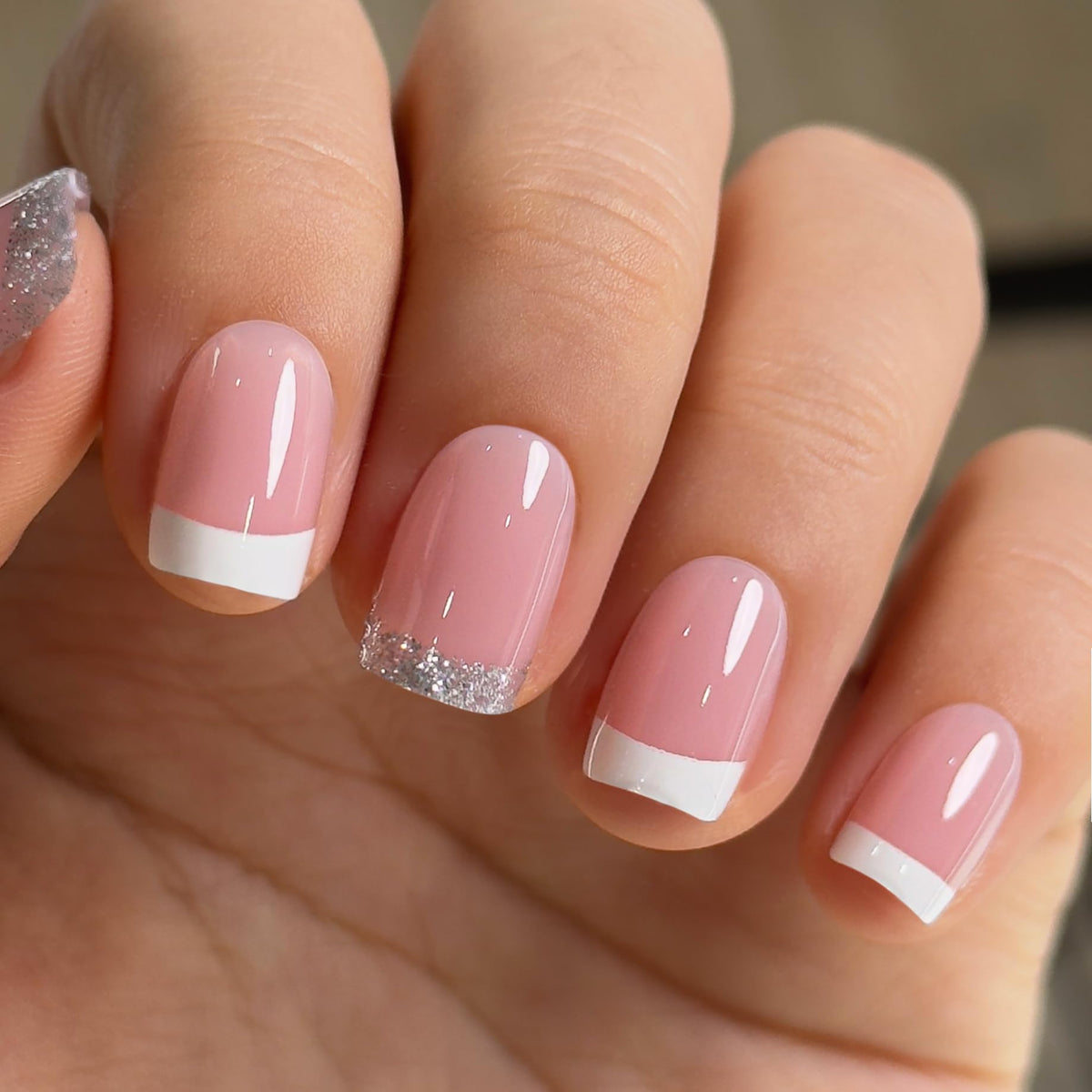 CurvLife Short Square French Tip Press On Nails in Glitter Pink front view