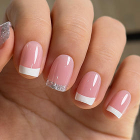 CurvLife Short Square French Tip Press On Nails in Glitter Pink front view
