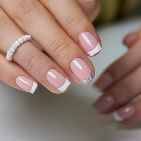 CurvLife Short Square French Tip Press On Nails in Glitter Pink packaging
