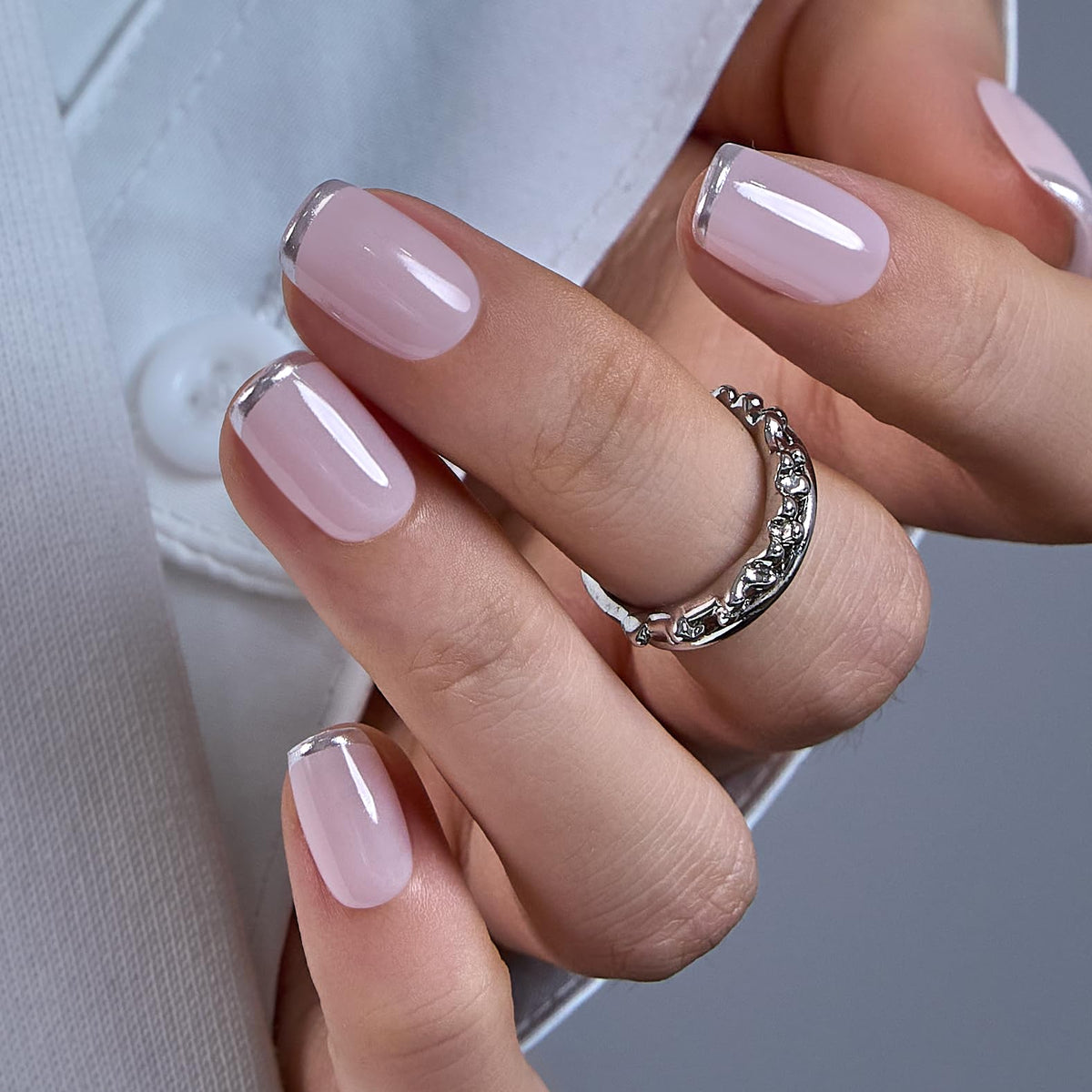 CurvLife Short Square French Tip Press On Nails in Ivory Silvery Nude front view
