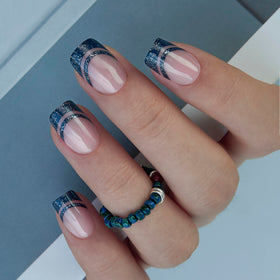 CurvLife Short Square French Tip Press On Nails in Midnight Blue front view