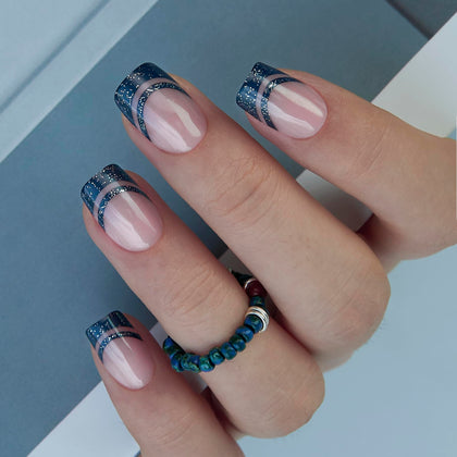 CurvLife Short Square French Tip Press On Nails in Midnight Blue front view
