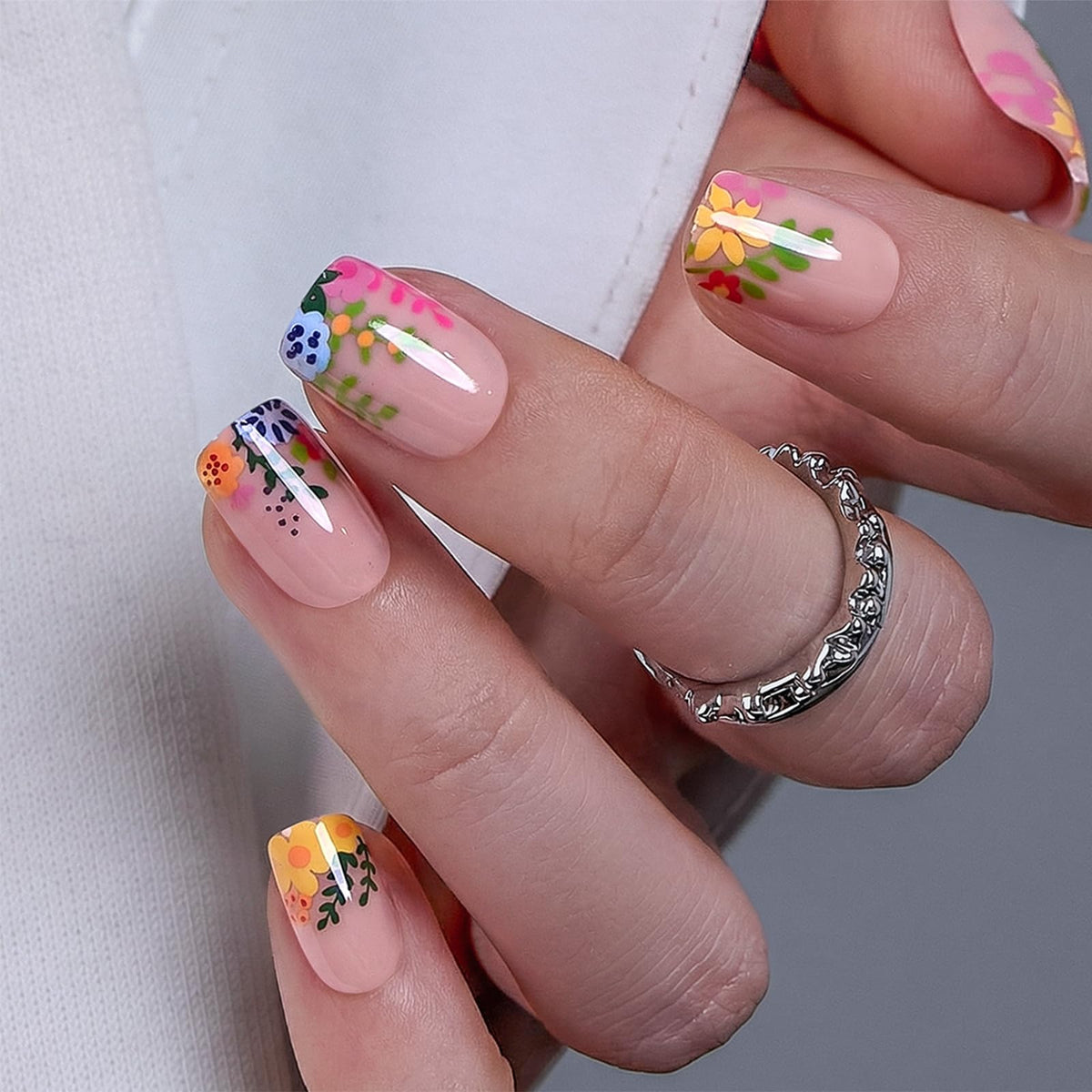 CurvLife Short Square French Tip Press On Nails in nude colour front view