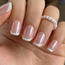CurvLife Short Square French Tip Press On Nails in Pearl Edge Nude - front view