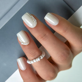 CurvLife Short Square French Tip Press On Nails in Pearl White front view