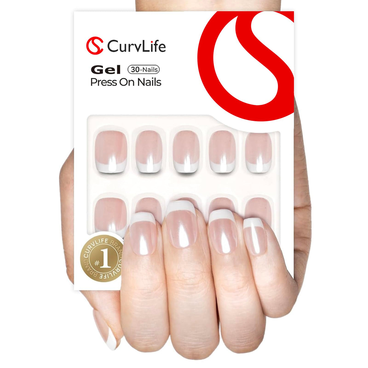 CurvLife Short Square French Tip Press On Nails in white, front view