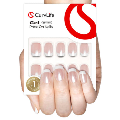 CurvLife Short Square French Tip Press On Nails in white, front view