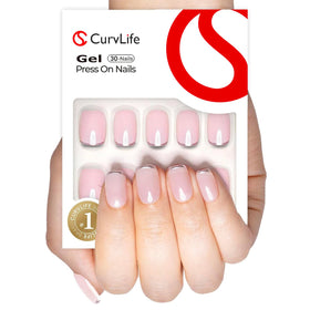 CurvLife Short Square French Tip Press On Nails packaging and accessories