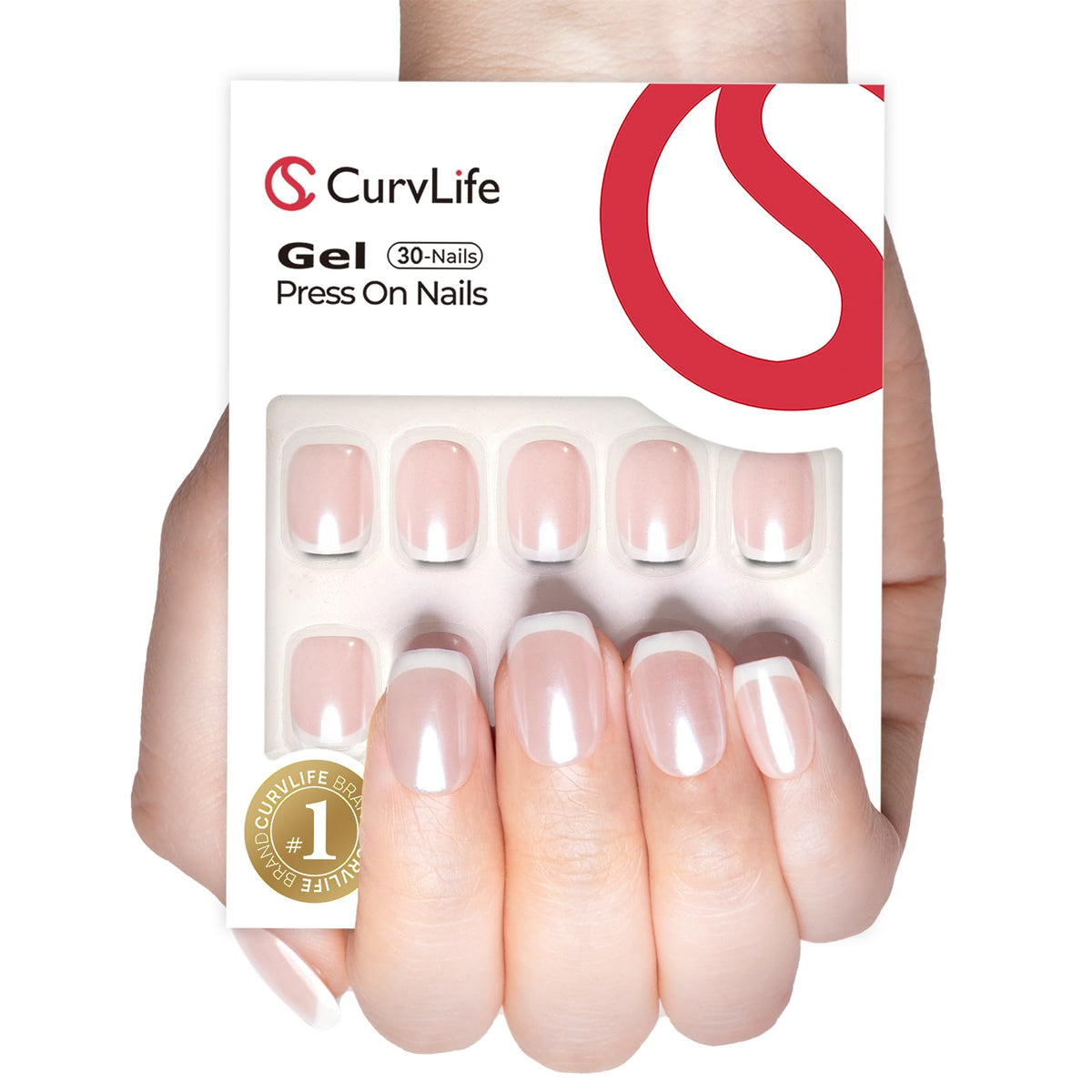 CurvLife Short Square French Tip Press On Nails showing the storage box and accessories