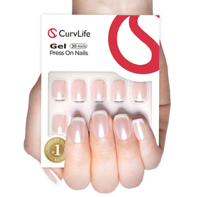 CurvLife Short Square French Tip Press On Nails showing the storage box and accessories