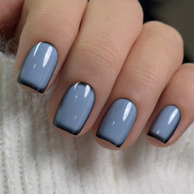 CurvLife Short Square French Tip Press On Nails Slate Edge Black front view