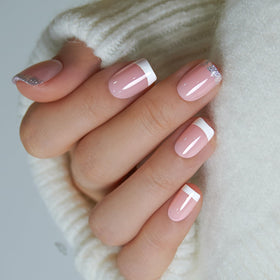 CurvLife Short Square French Tip Press On Nails with accessories including glue and file