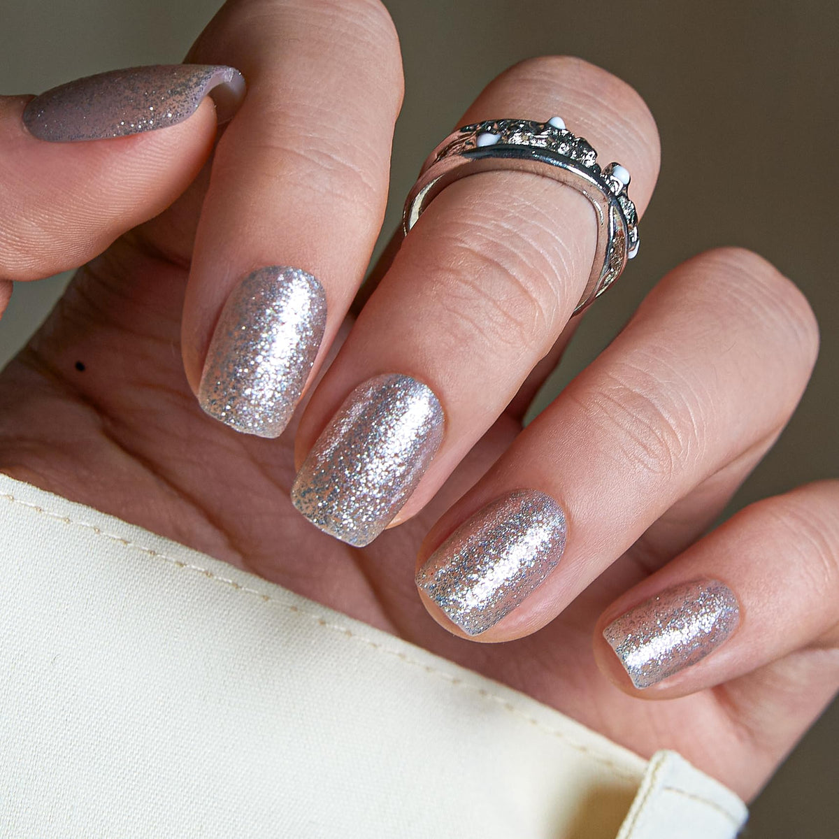 CurvLife Short Square Glitter Press On Nails in Silver Spark front view
