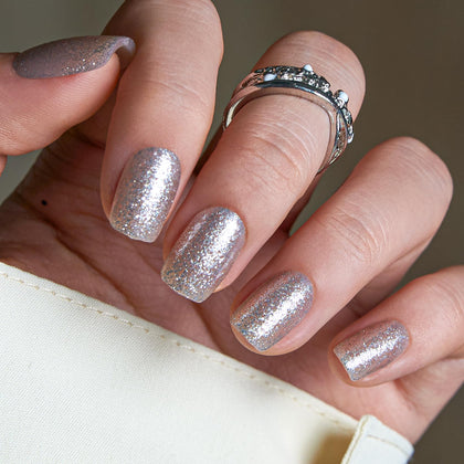 CurvLife Short Square Glitter Press On Nails in Silver Spark front view