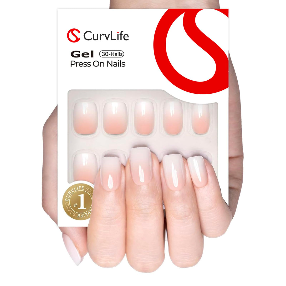CurvLife Short Square Ombre Press On Nails in Milky Fade White front view