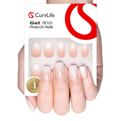 CurvLife Short Square Ombre Press On Nails in Milky Fade White front view