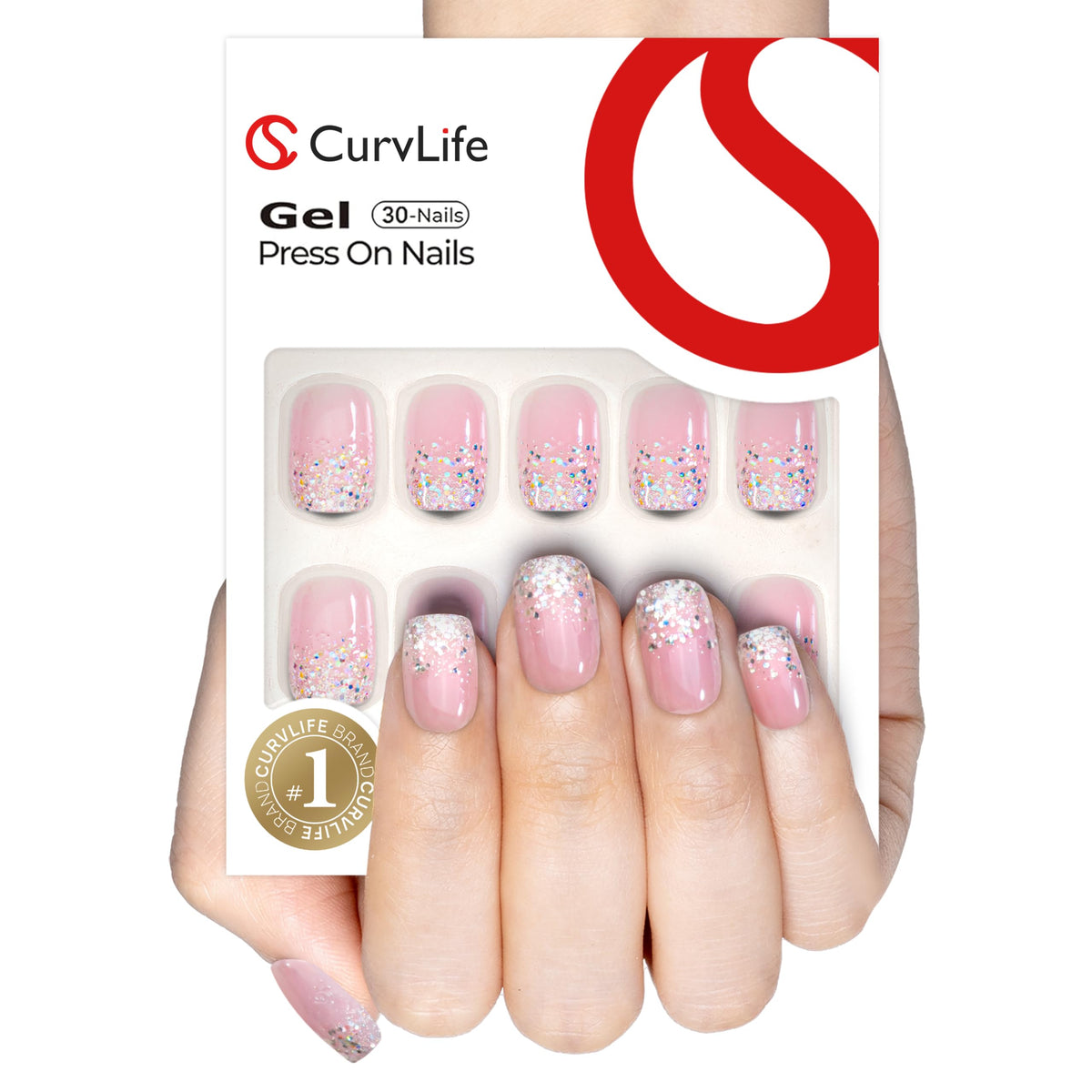 CurvLife Short Square Ombre Press On Nails packaging with accessories