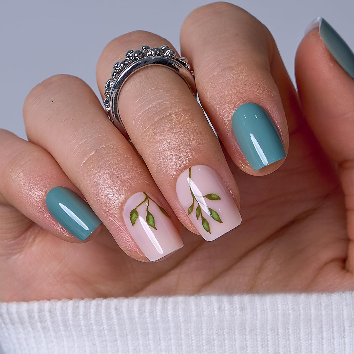 CurvLife Short Square Press On Nails Bamboo Green front view
