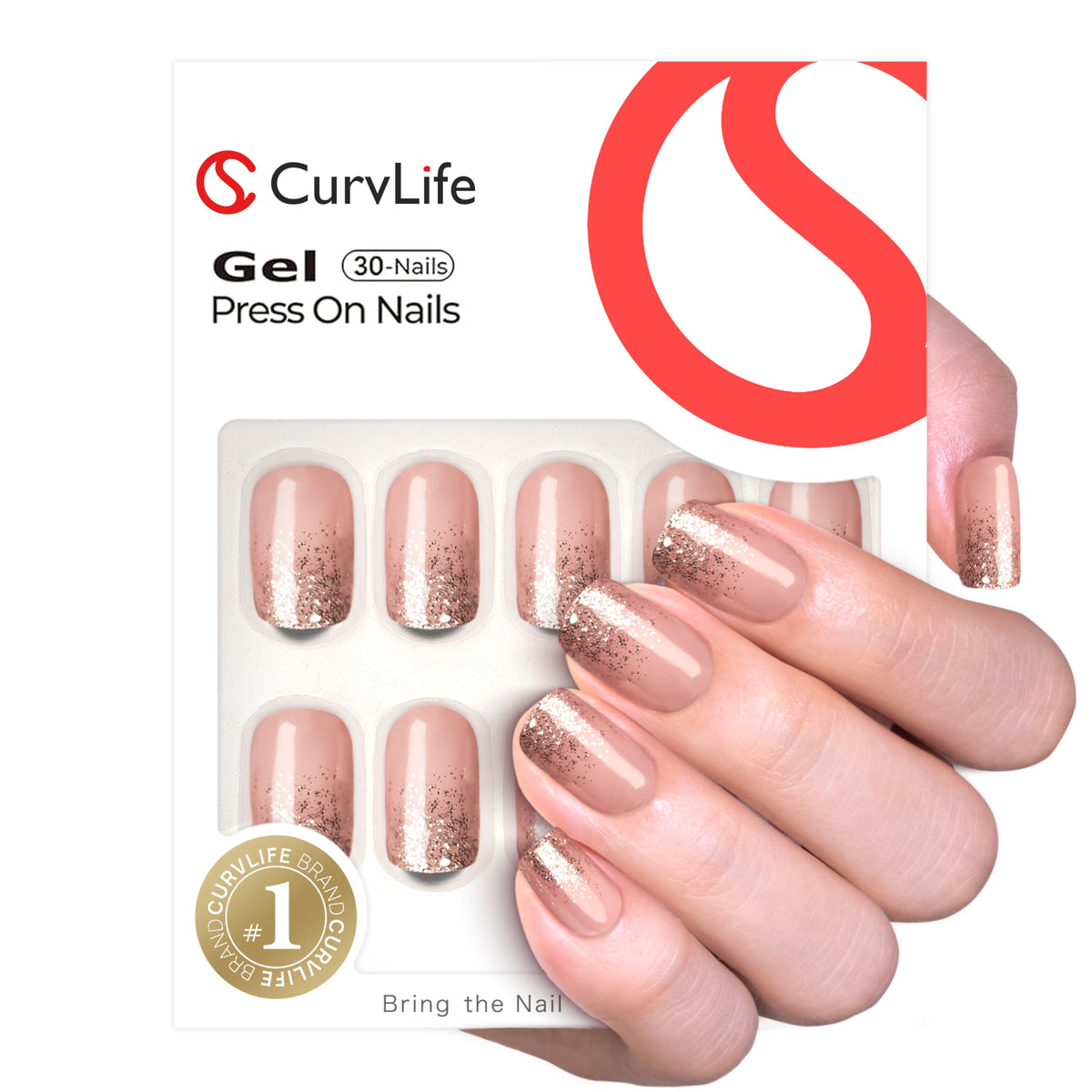 CurvLife Short Square Press On Nails Fluid Gold in storage box