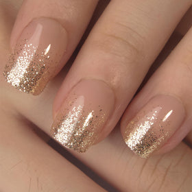 CurvLife Short Square Press On Nails Fluid Gold with nail glue and accessories