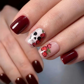 CurvLife Short Square Press On Nails Gothic White Red front view