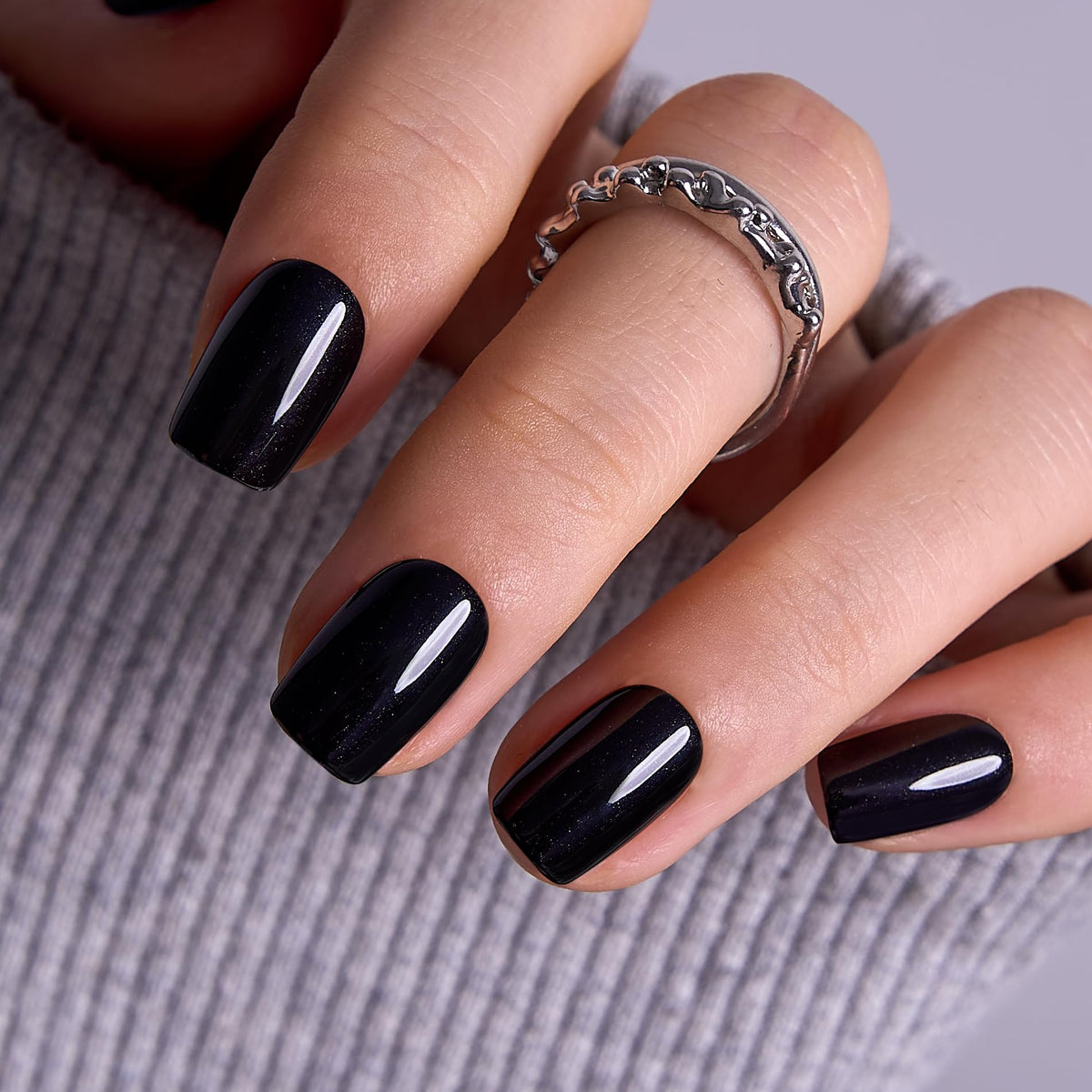 CurvLife Short Square Press On Nails in black design, front view
